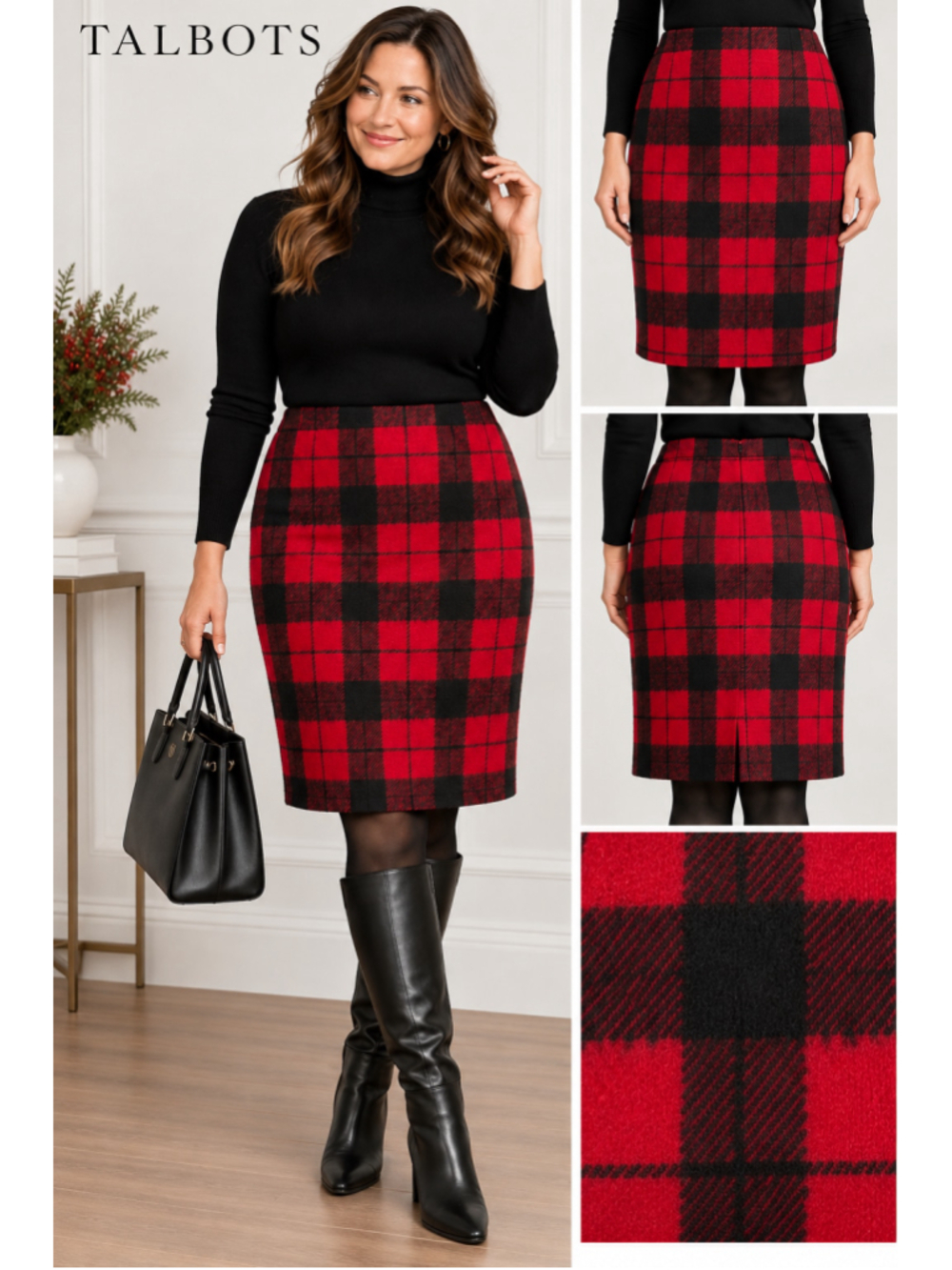Talbots Size 12 Red Black Plaid Wool Blend Pencil Skirt Tartan Holiday